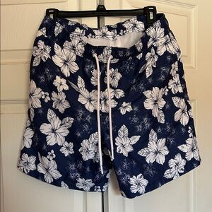 Men’s Amazon Essentials Swim Trunks W/Liner - Navy Hibiscus Flower - 7” Inseam